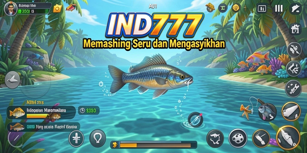 Tampilan gameplay IND777 dengan berbagai jenis ikan dan alat pancing.