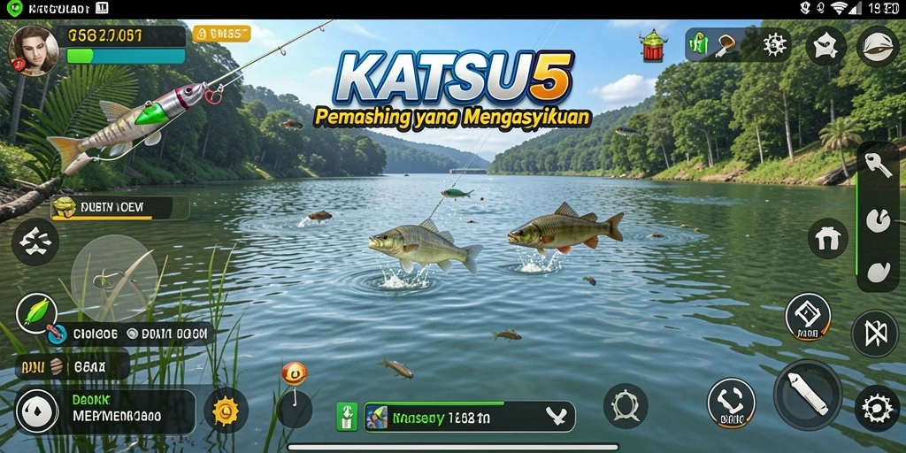 Tampilan gameplay seru dalam KATSU5 saat menangkap ikan.
