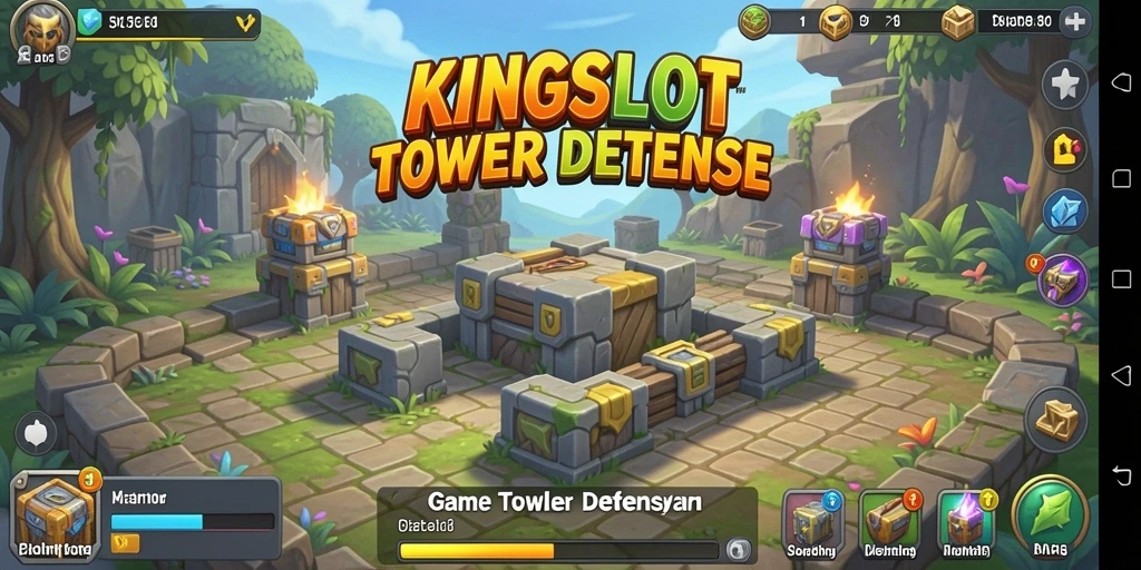 Tampilan gameplay KINGSLOT yang mengasyikkan dalam pertempuran Tower Defense.