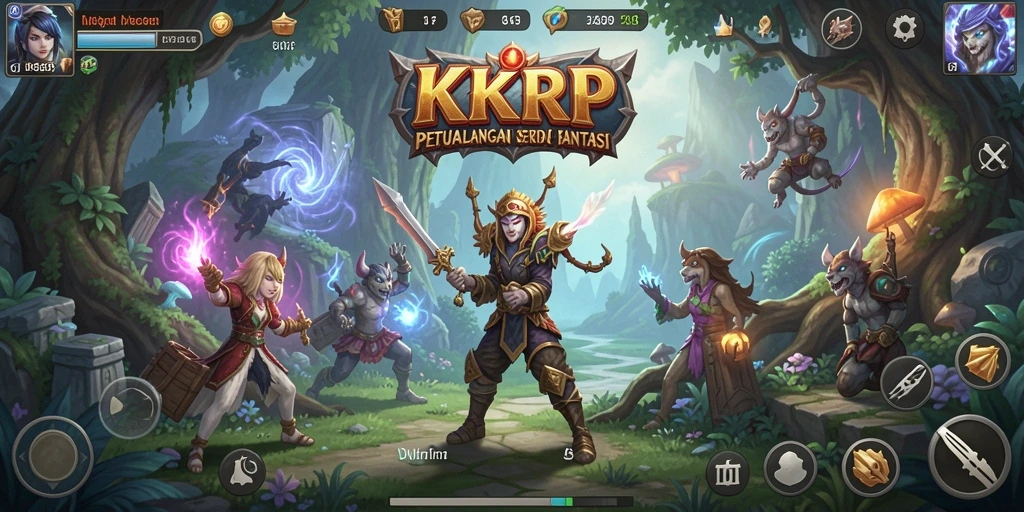 Screenshot KKRP menampilkan karakter dalam pertempuran epik di dunia fantasi.