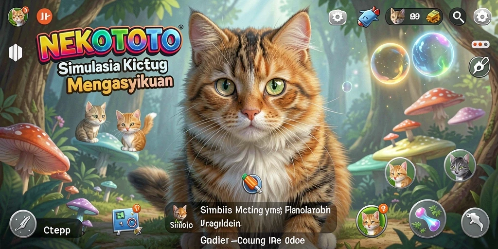 Screenshot gameplay NEKOTOTO menampilkan kucing-kucing lucu dalam suasana cerah.