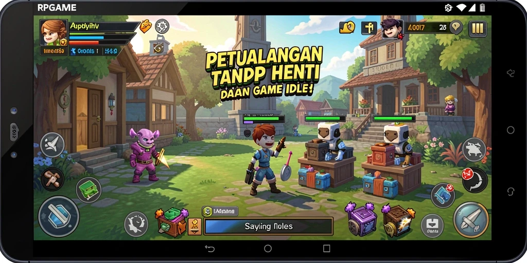Tampilan gameplay <strong>RPGAME</strong> yang menawan dengan karakter bertarung otomatis.