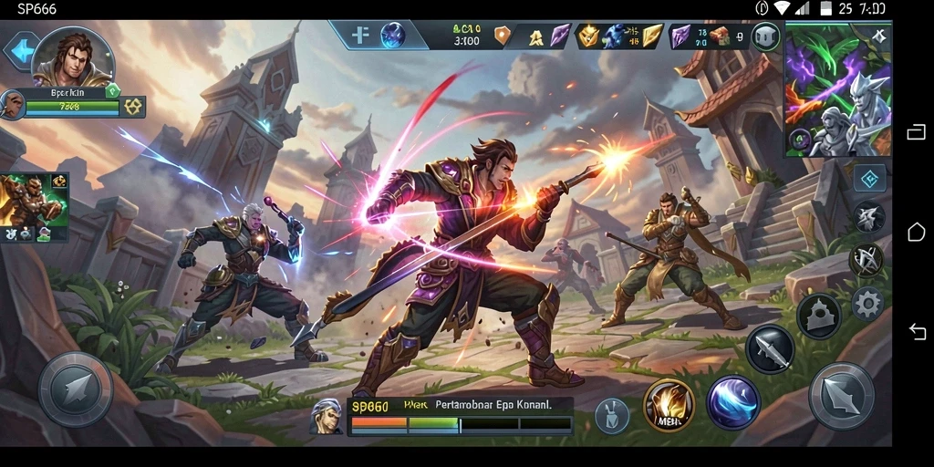 Screenshot SP666 menampilkan pertempuran intens dalam game MOBA.