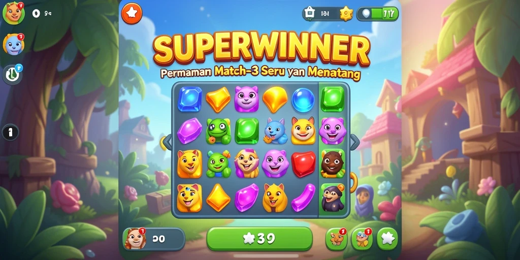 Tampilan gameplay SUPERWINNER dengan berbagai objek berwarna-warni.
