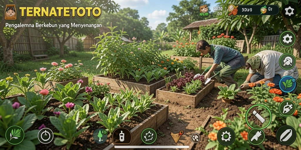 Tampilan screenshot dari gameplay TERNATETOTO yang menunjukkan kebun yang indah.