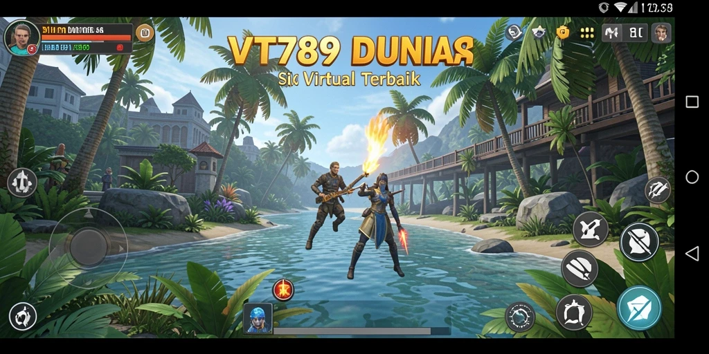 Tangkapan layar menunjukkan karakter berinteraksi dalam dunia VT789 yang kaya.